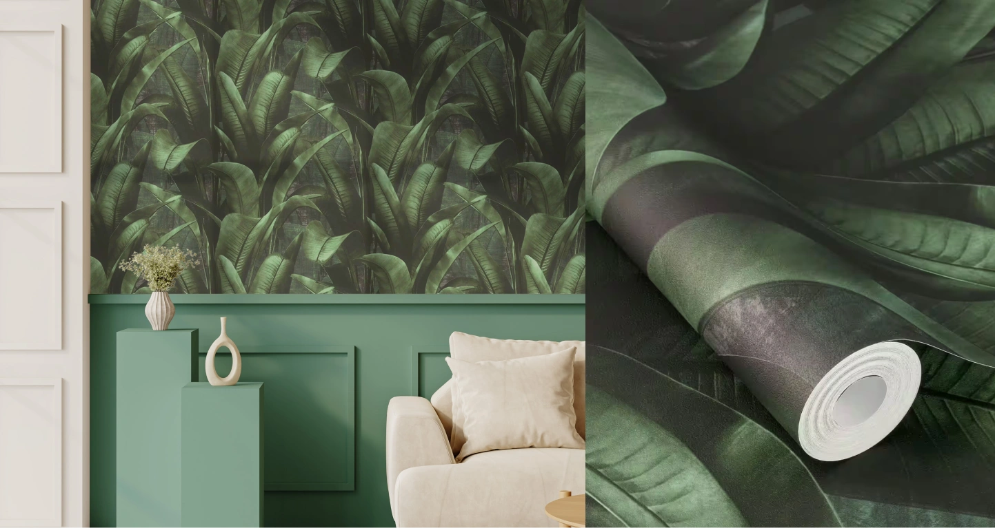 Black green wallpaper at living room